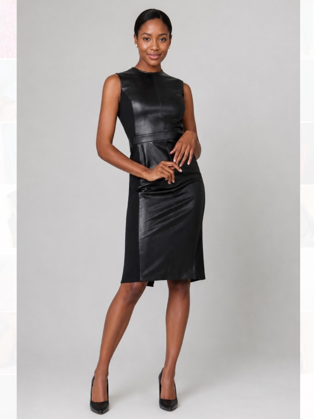 Spanx Faux Leather Mixed Media Sleeveless Sheath Midi Dress Black SizeXL